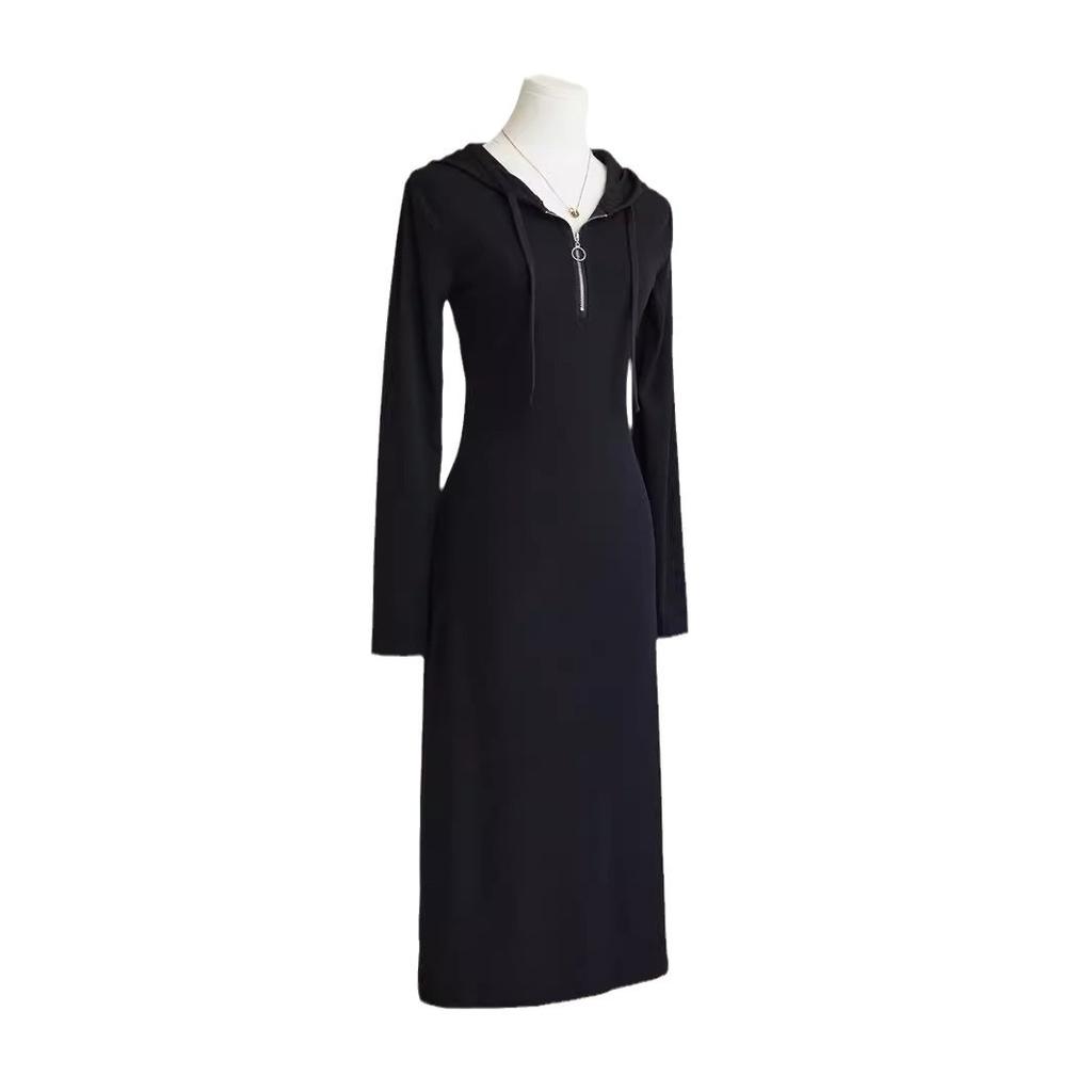 Black Temperament Hooded Semi-zipper Long-sleeved Dress Women's Autumn New Slim and Thin Casual Bottoming Sweater Skirt
