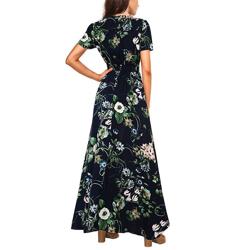 Robe longue ample à col en V et motif ethnique vintage bohème pour femme
