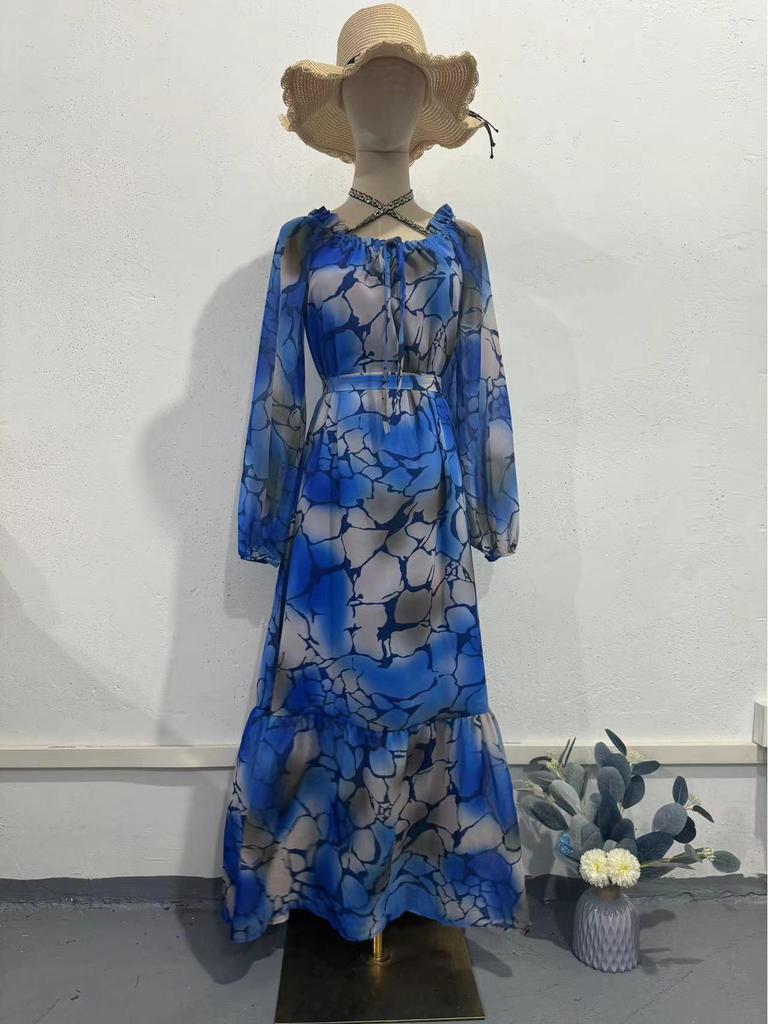 2024 Summer European & American Women's Color Block Print Elegant Long Dress - Slim Fit, Square Neck, Long Sleeves