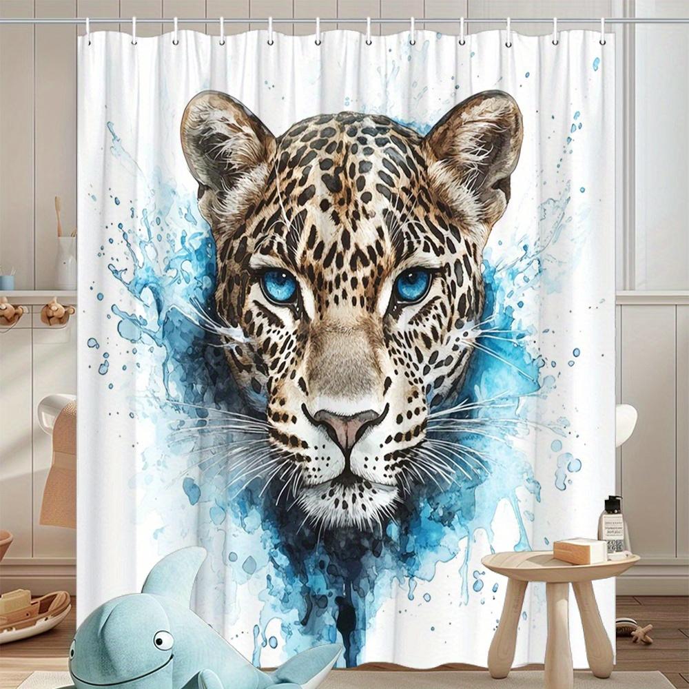 1Pc Wildlife Watercolor Leopard Shower Curtain, Polyester Fabric, Machine Washable, Suitable For Bathroom Decoration