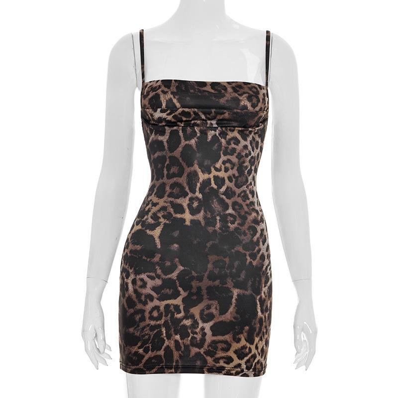 European and American Style Sexy Babes Slim-fitting Waist Lace Skirt Suspender Leopard Print Dress