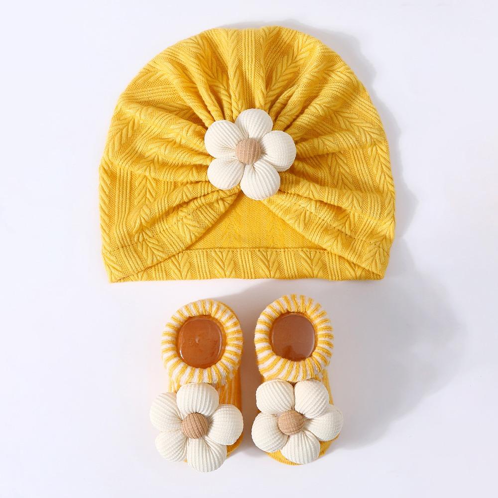 

Flower Baby Headscarf Hat Elastic Hat Sock Set Cute Infant Turban Hat Socks Set Newborn Supplies жовтий