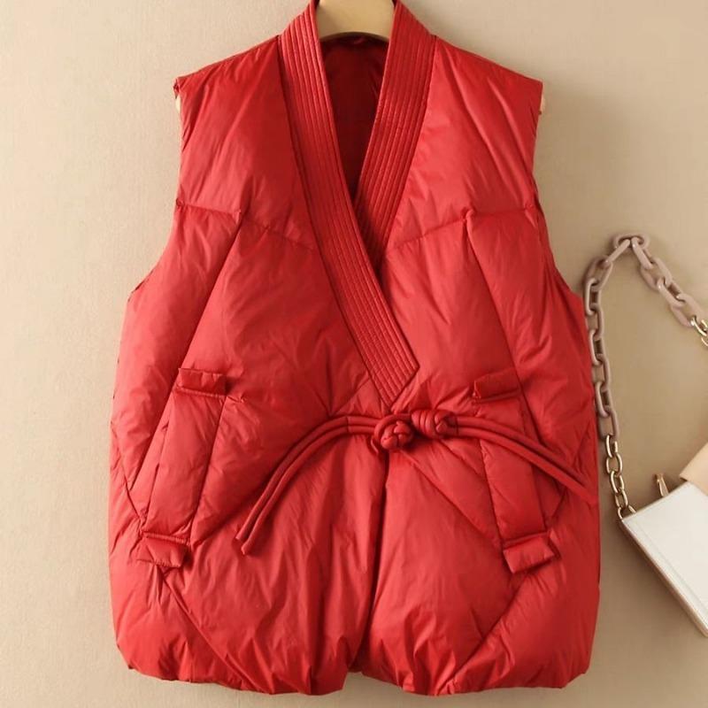 Autumn and Winter Light Down Cotton Clothes Vest Buckle Cross Neck Padded Cotton Vest Women's Retro Mother Winter Coat