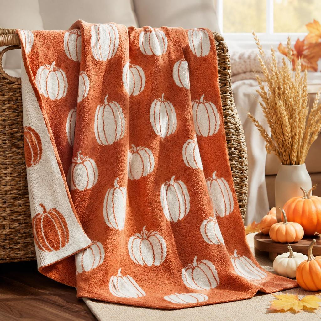 Double-Sided Pumpkin Thanksgiving Throw Blanket, Soft Plush Cozy Fall Decor for Couch and Bed,