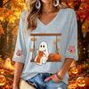 Women's Casual V-Neck Three-Quarter Sleeve Top with Halloween Print