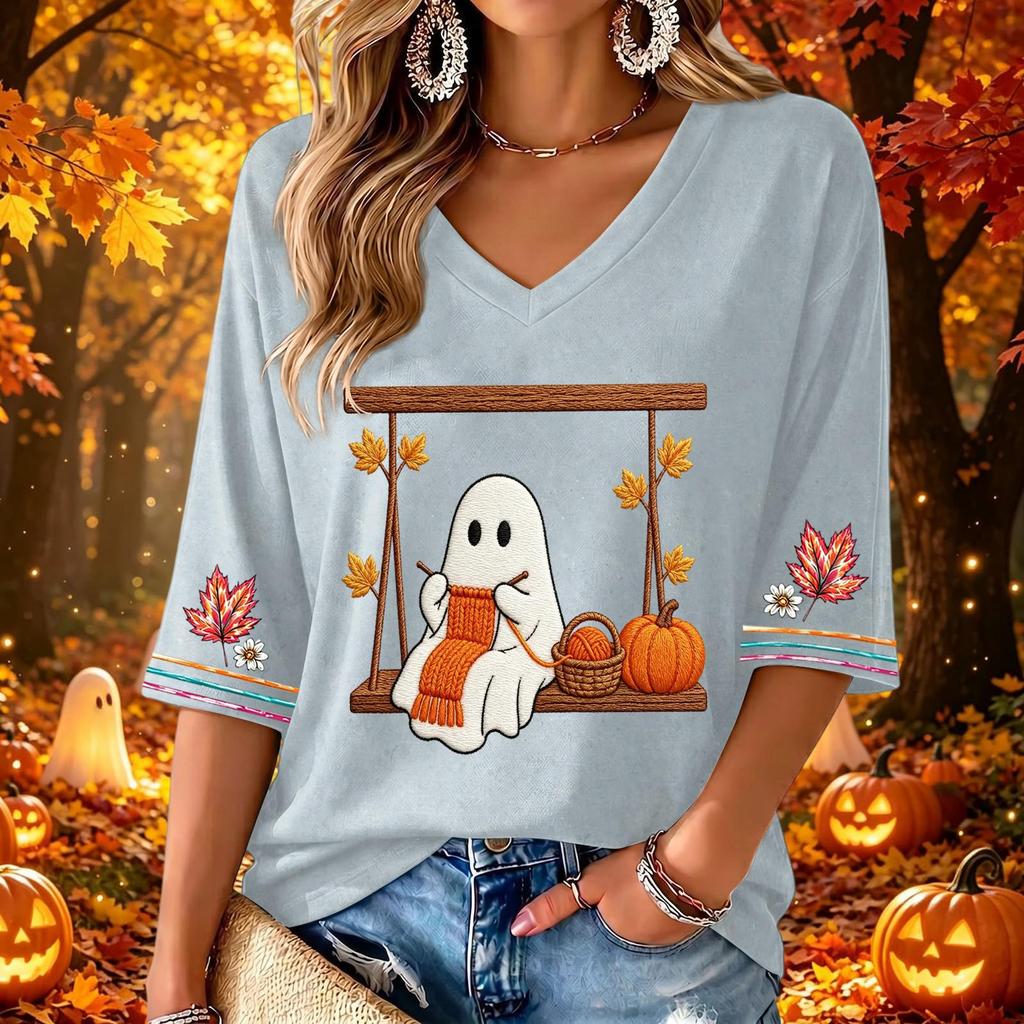 Women's Casual V-Neck Three-Quarter Sleeve Top with Halloween Print