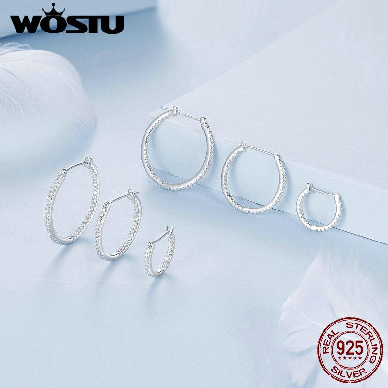 WOSTU 925 Sterling Silver Wedding Engagement Hoop Earrings Big Size AAA Zircon Ear Drop Buckles Woman Girl Jewelry Party Gifts