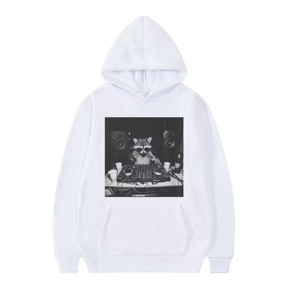 Funny Raccoon DJ Animals Meme Graphic Vintage Hoodie Men Women Pullover Long-sleeved Fashion Harajuku Sweatshirt Streetwear Top