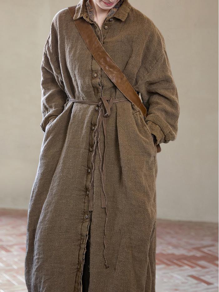 Autumn Barn Wind Trench Coat: Incense Color Ramie Cotton Long Sleeve Versatile Dress Coat C0930