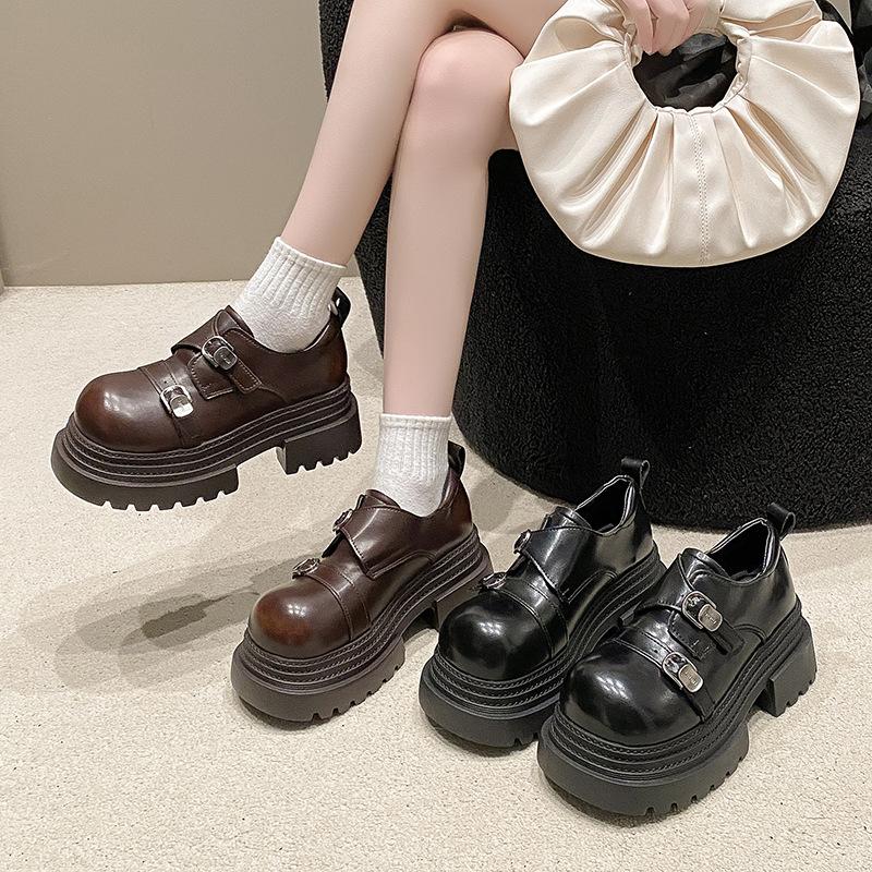 Spring New Wear British Style Small Leather Shoes Mary Jane Women's Coarse Heel Thick Soled Height Increasing Le Fu Shoes