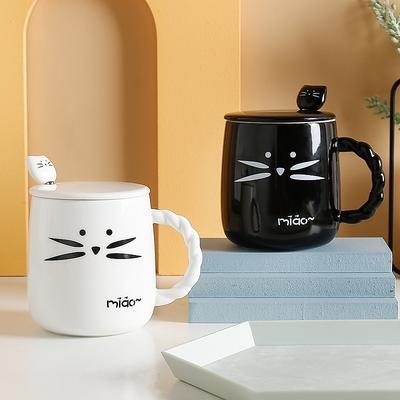 Ceramiczny kubek dla kota z pokrywką łyżeczką wysoka wartość śniadanie picie wody czarno-biały kubek