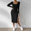 Women's  Fall Winter New Arrival Square Neck Long Sleeve Bodycon Slit Knit Midi Dress, Casual Party Evening Dress for Women
