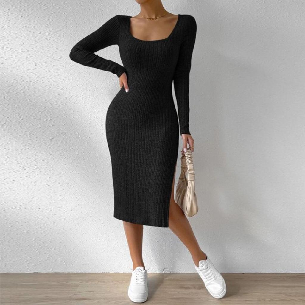 Women's Fall Winter New Arrival Square Neck Long Sleeve Bodycon Slit Knit Midi Dress, Casual Party Evening Dress for Women