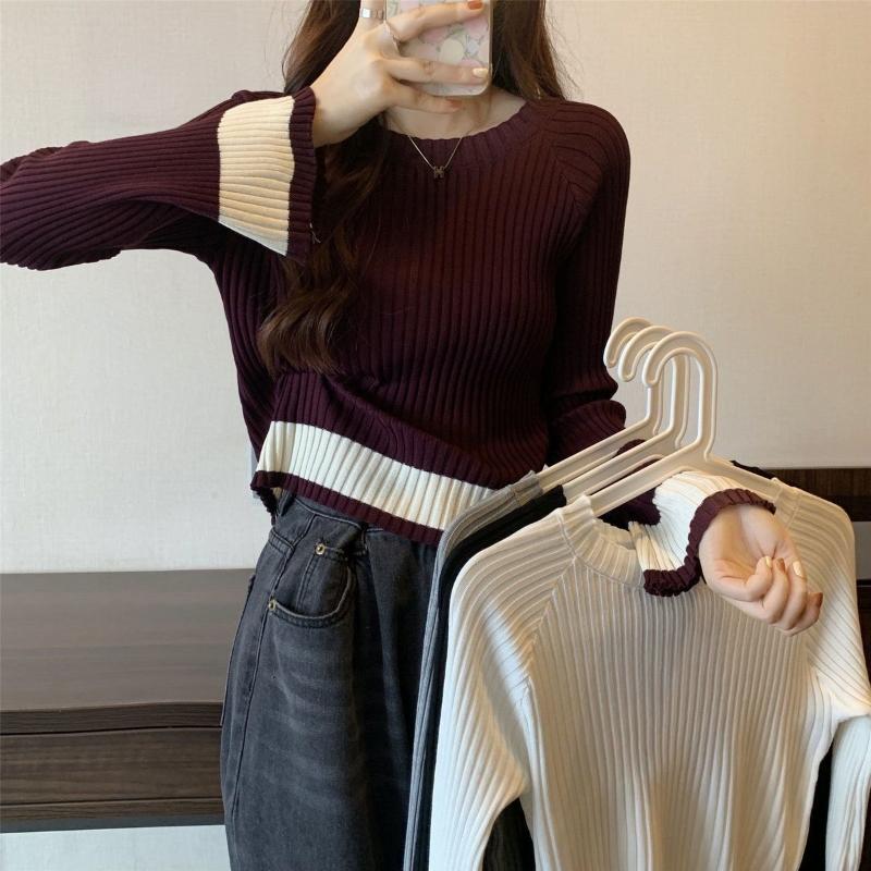 Short Knitted Base Layer Shirt for Women, New Design Sense for Autumn and Winter, Long-sleeved T-shirt, Short Top for Petite People
