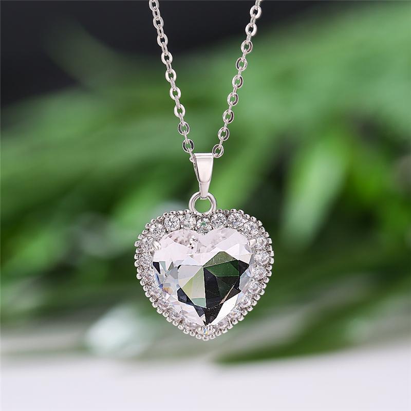 Rainbow Cubic Zirconia Heart Pendant Necklace Heart Stone Silver Clavicle Chain For Women Anniversary Jewelry