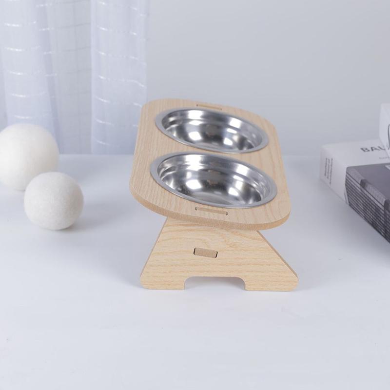 Elevated Cat Bowls Pet Feeder 15° Tilted Raised Cat Food Bowls With Wooden Stand 2 Stainless Steel Bowls For Cats And Puppy