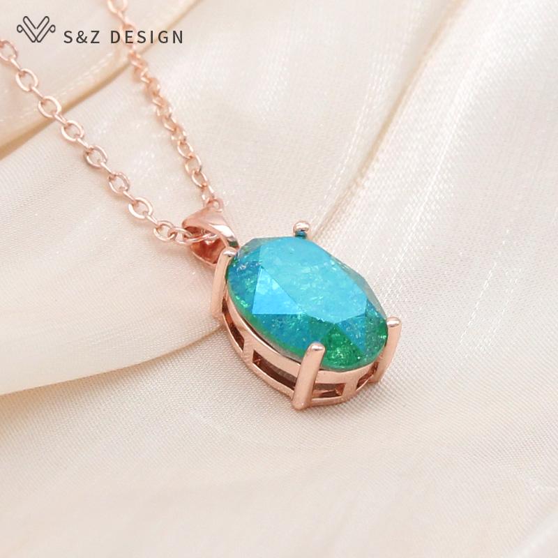 Fashion Ice Crack Egg Shape Oval Crystal Pendant Necklace For Women Elegant Party Rose Gold Color Jewelry