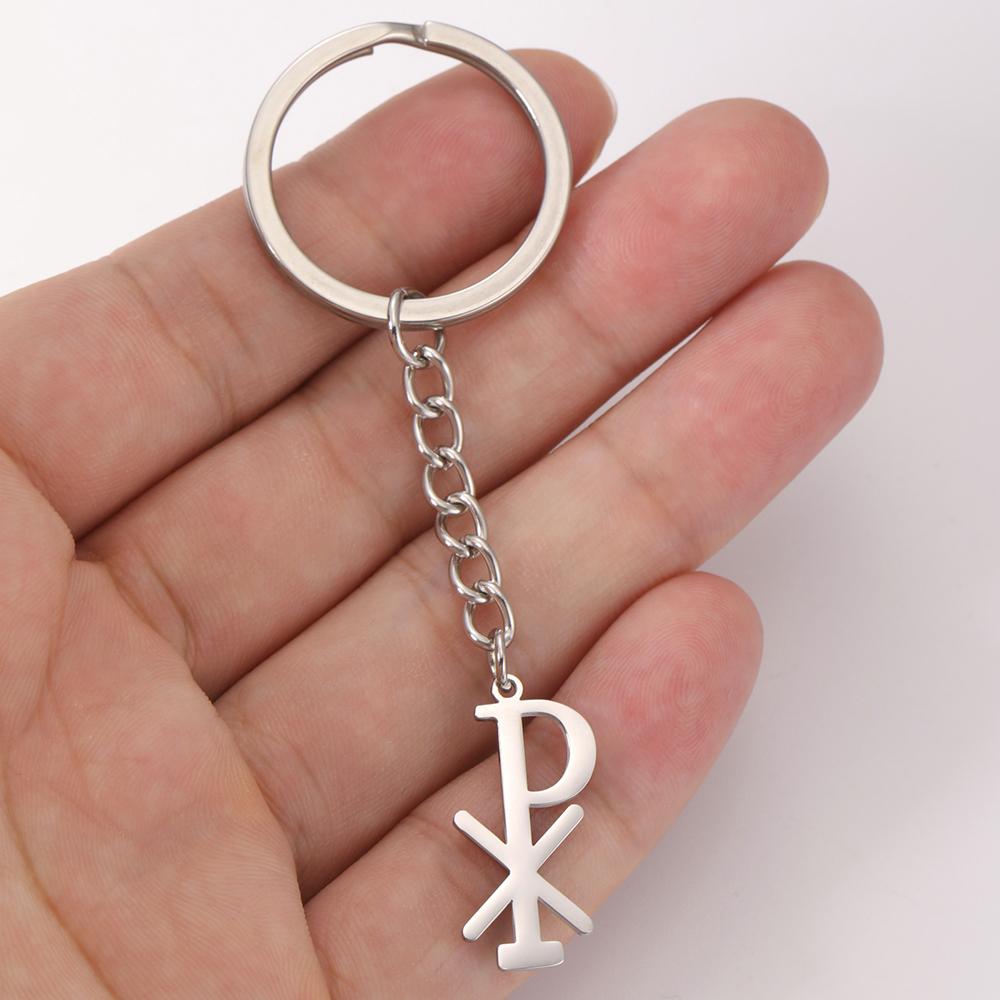 Dawapara Ancient Chi Rho Symbol Keychain Religious Christogram Monogram Pendant Stainless Steel Jewelry Birthday Gift