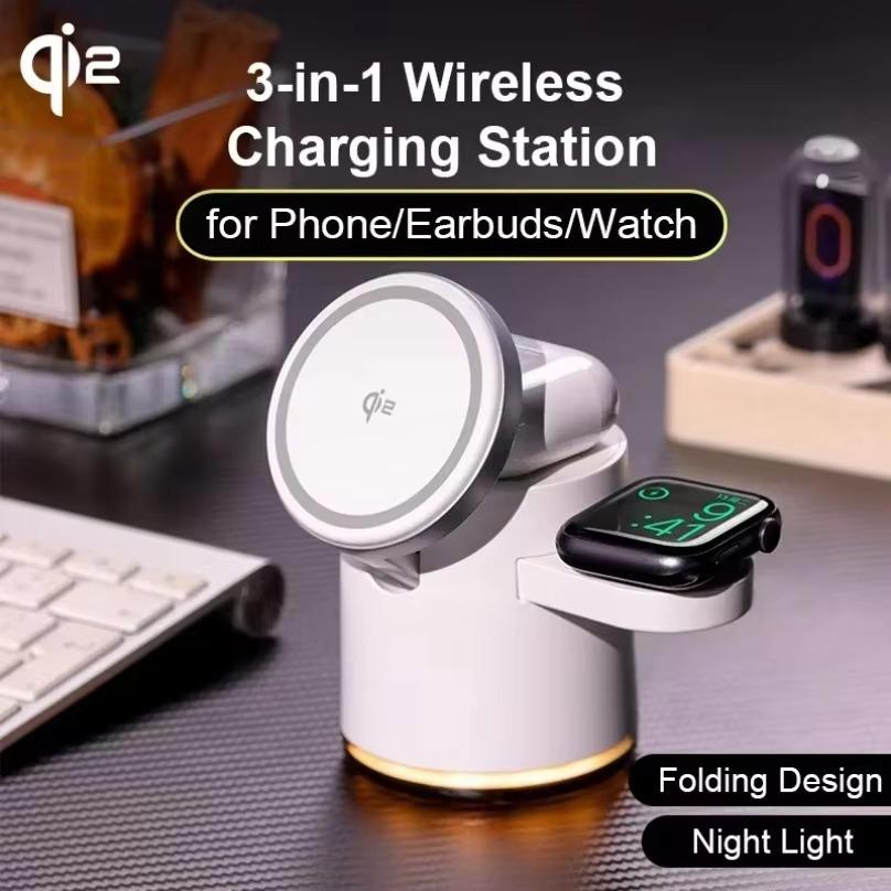 4 in 1 Fast Charging Dock Stand QI2 Wireless Charger Night Light For Magsafe iPhone 16 15 14 Pro Max Airpods Pro 2-8 Apple Watch