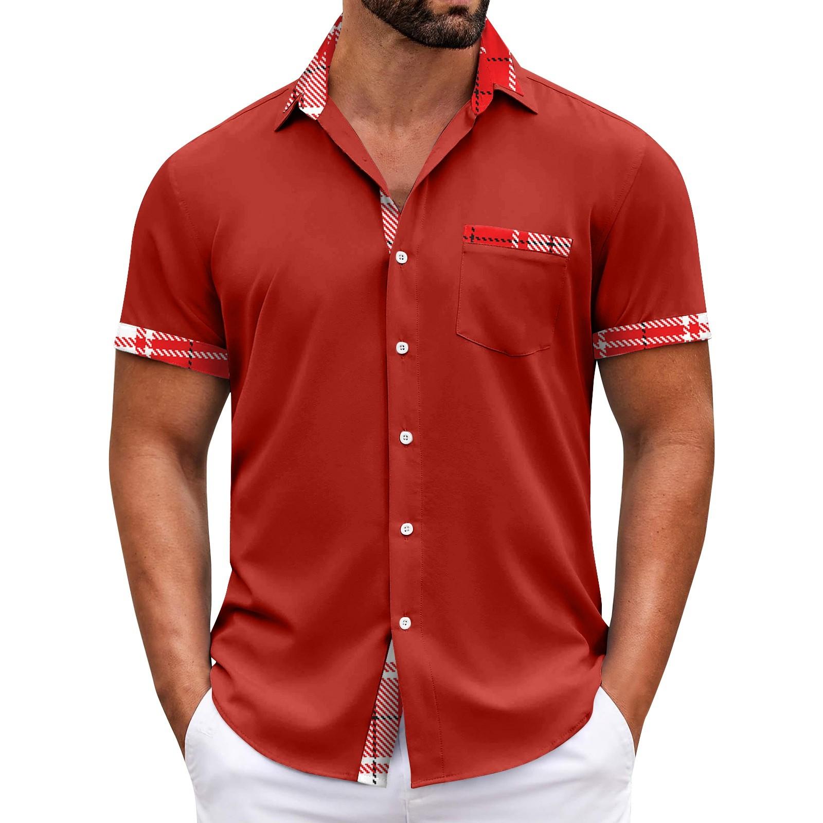 

Мужские клетчатые рубашки с короткими рукавами и пуговицами, мужские повседневные модные рубашки с короткими рукавами L красный