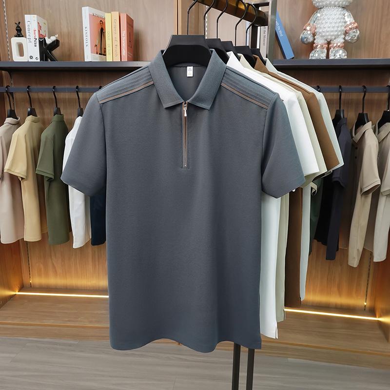 Jin An Men's Seamless Short-Sleeve Spliced Polo Shirt with Half-Zip and Split Hem
