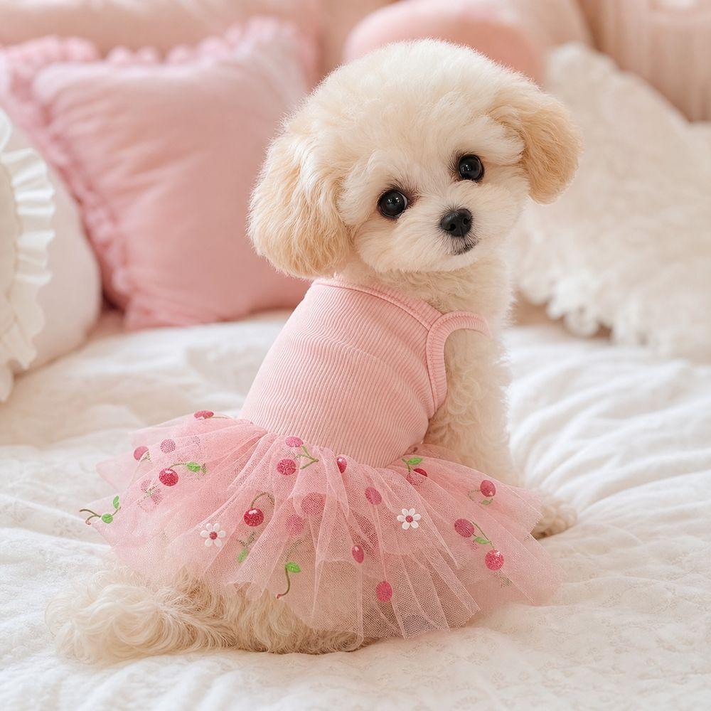 Lace Puppy Skirt Dress Cherry Print Pet Suspender Dress Cute Pet Dog Dress Puppies and Cats