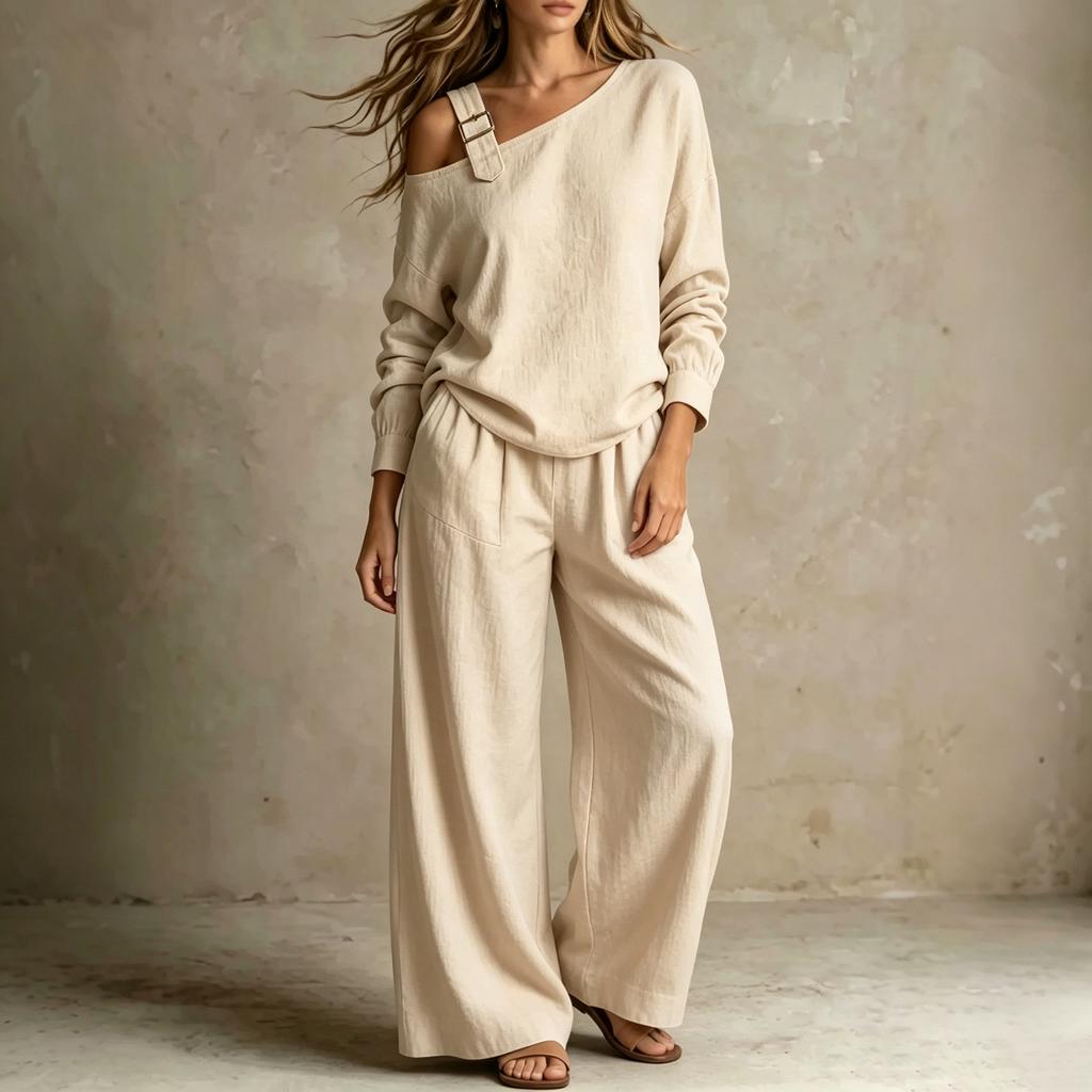 Women's Color Off Shoulder Long Sleeve Two Piece Set with Pockets and Pants