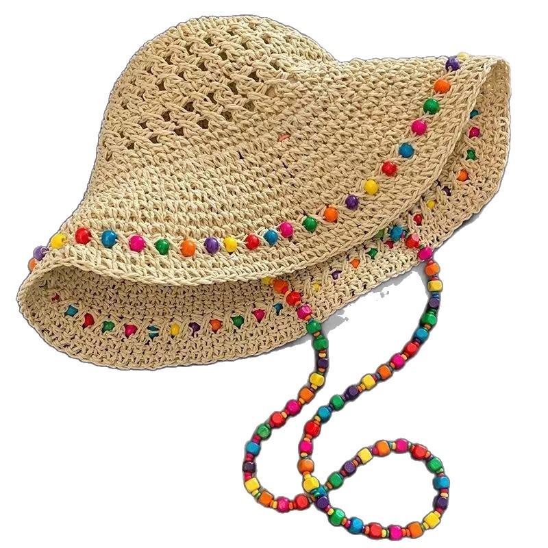 Women's Ethnic Wide Brim Straw Hat - Sun Protection Beach Hat for a Slimmer Look
