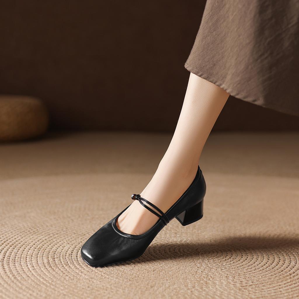 Sheepskin Square Head Coarse Heel Strap Mary Jane Shoes