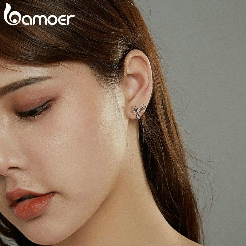 Bamoer 925 Sterling Silver Jewelry with Bow CZ Light Stud Earrings for Women for Girls Gift Statement Jewelry