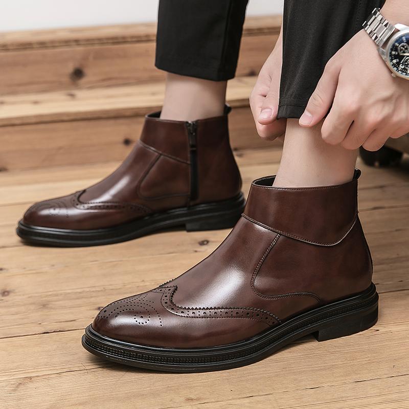 Mode Herrenstiefel PU High Cut Einfarbig Seitlicher Reißverschluss Blockgeschnitzt Klassisch Bequem Business Formelle Schuhe