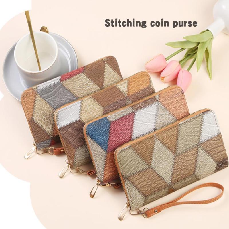 Vintage Lässig Kontrastfarben Blockfarben Langlebiges Langes Portemonnaie Reißverschluss Münzfach Clutches für Damen