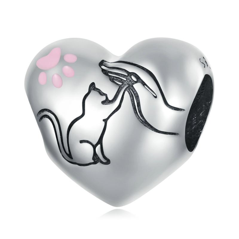 WOSTU 925 Sterling Silver Sweet Pink Cat Claw Charms Love Heart Pet Animal Beads Fit Original Bracelet Bangle DIY Jewelry Making