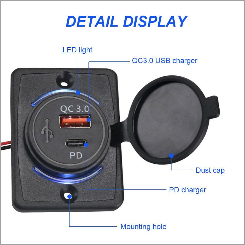 Universal Mount USB Charger 53W Dual Port QC3.0 PD Type-C 12V 24V LED Display