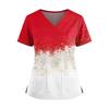 Women's Christmas Print V-Neck Short Sleeve Scrub Top with Pockets and Side Slits