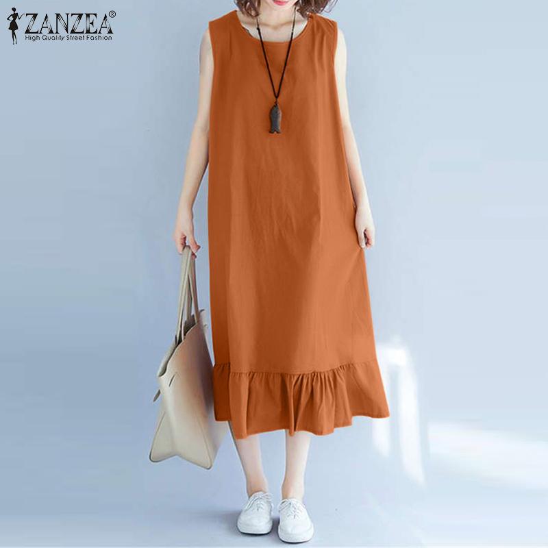 

ZANZEA Женское летнее повседневное платье-майка без рукавов с оборками по подолу