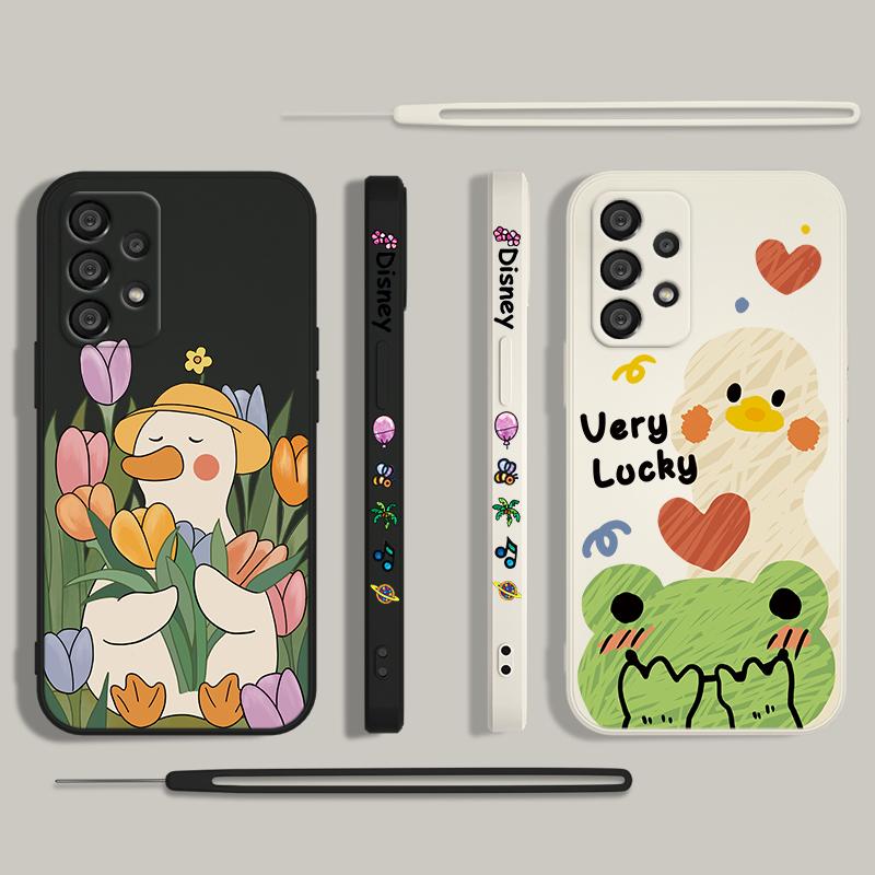 Duck With Sunglasses Cute Cartoon Phone Case For Samsung A73 A53 A33 A52 A32 A71 A51 A21S A50 A30 5G Liquid Left Rope Soft Cover