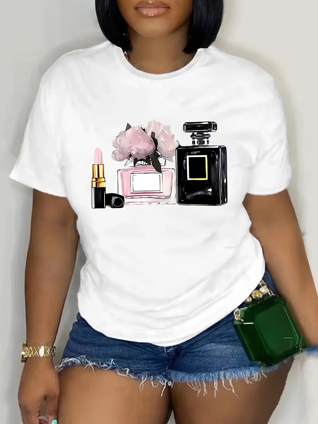

Women s Parisian Perfume & Lipstick Graphic T-Shirt - Vibrant Short Sleeve Crew Neck Casual Top Perfect for Spring/Summer/Fall 4XL