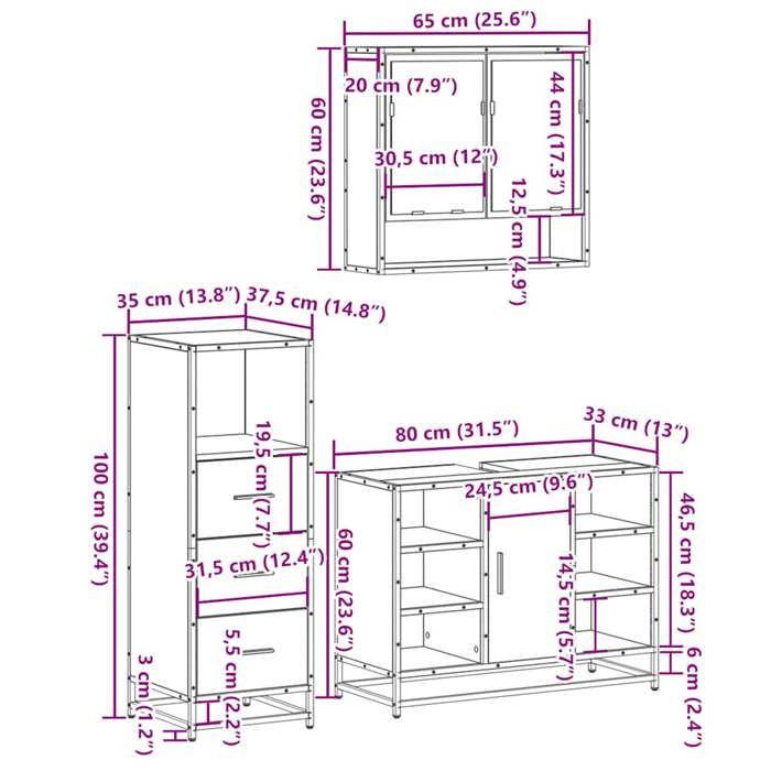 VidaXL Ensemble de meubles de salle de bain 3 pcs Sonoma gris, armoire de salle de bain, armoire de rangement de toilette, 3301063