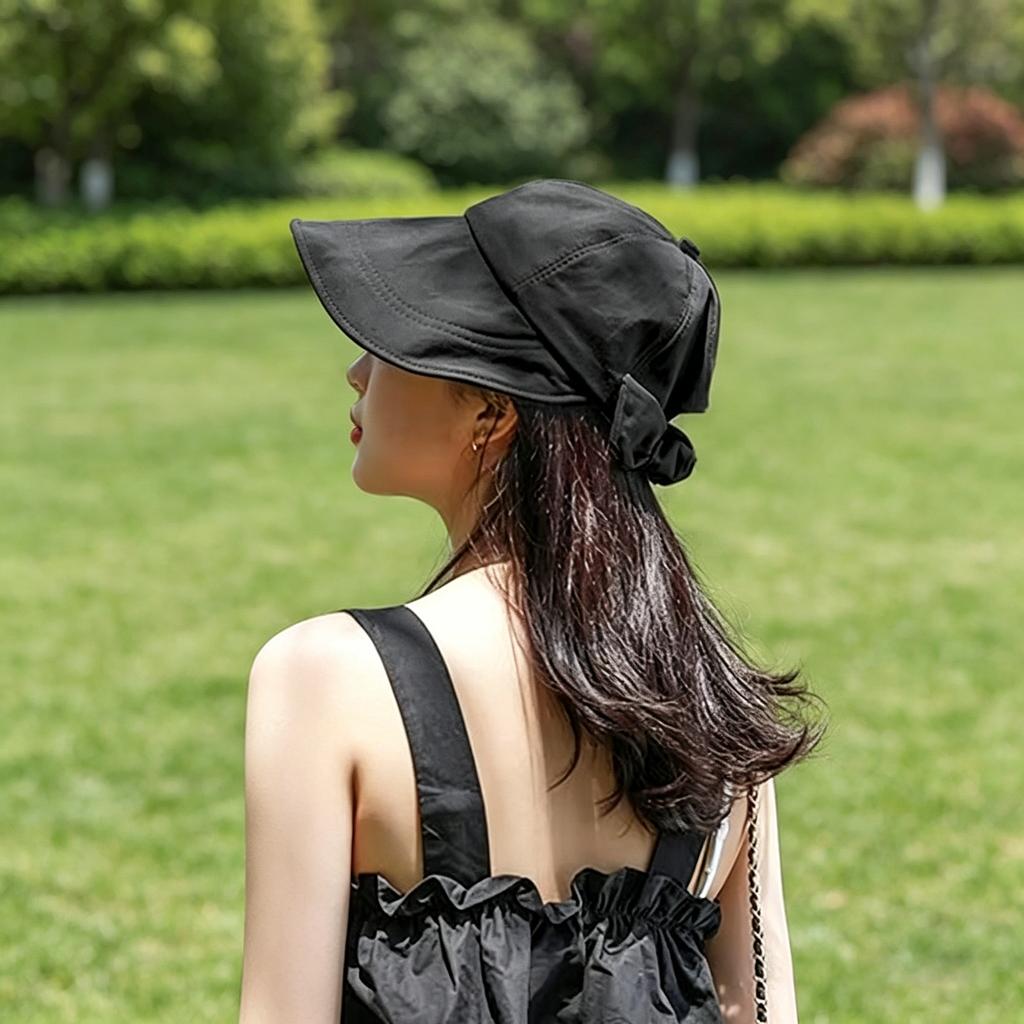 Cappello visiera da sole da donna con tesa larga protezione UV cappellino da baseball con fiocco per esterni casual cappellino da baseball con fiocco da donna