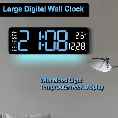 Reloj de Pared Digital Grande LED Reloj Despertador Luces Ambientales Temperatura Fecha Pantalla de Semana con Control Remoto Reloj para Hogar Sala de Estar