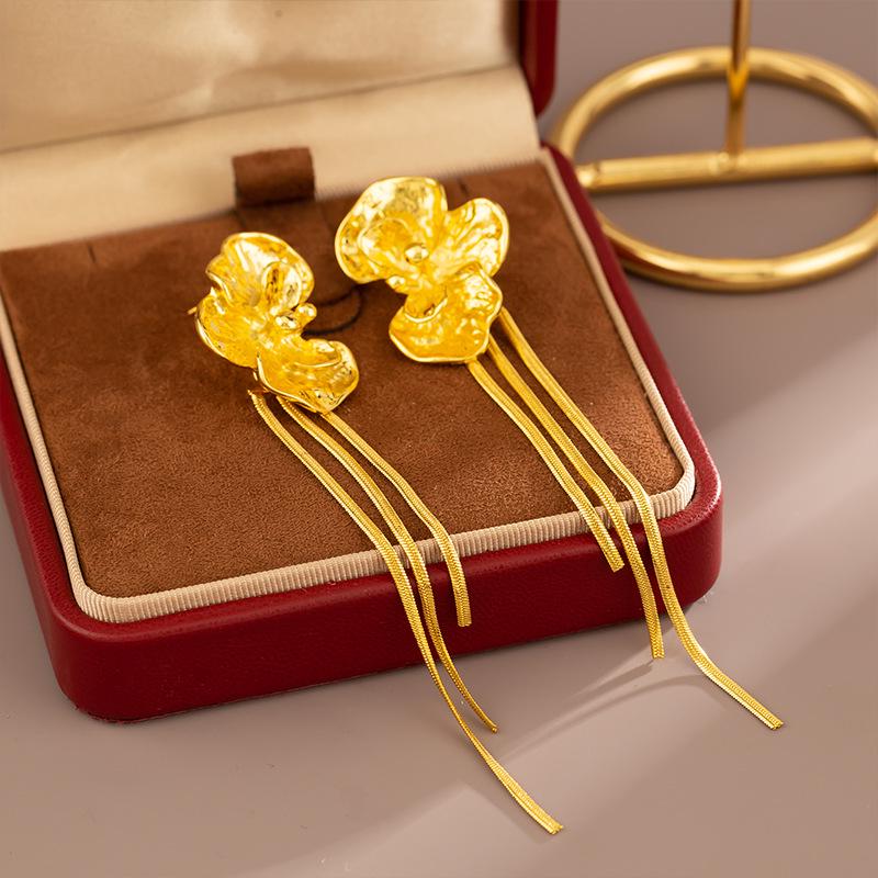 Elegant Irregular Pleated Metal Flower Tassel Earrings - Light Luxury High-End Women's Jewelry