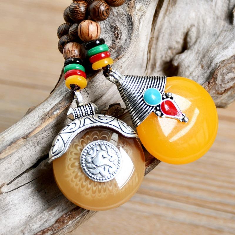 GemChic Women's New Vintage Wooden Beads Amber Pendant Long Necklace Classical Ethnic Fashion Birthday Christmas Jewelry Gift