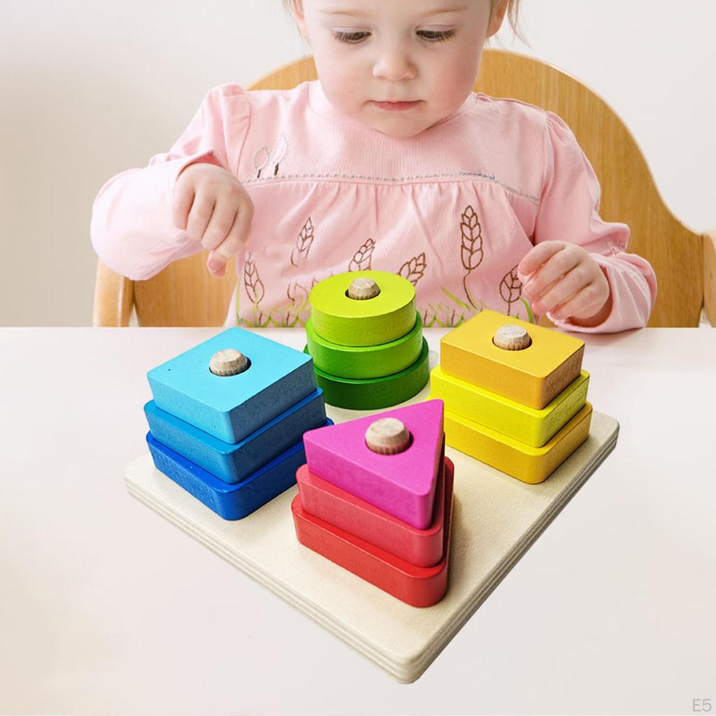 Wood Shape-Sorting Geometric Stacker Building Blocks Educational Cognitive for Toddler Kids Children