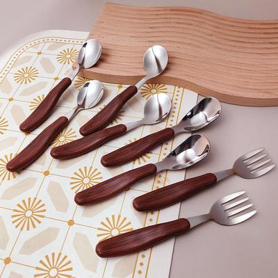 304 Edelstahl Besteck mit Holzmaserung und Holzgriffen - Steakmesser, Dessertlöffel und Gabel Set