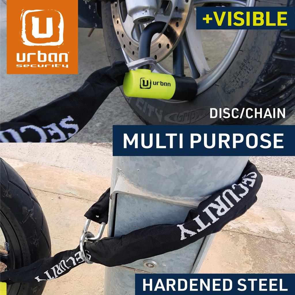 URBAN UR59120 Mini U Padlock with Chain 120cm Bicycle Disc Dual High Security Double Closure Anti-Theft Loop, Motorcycle, Scooter, Padlock, Function,