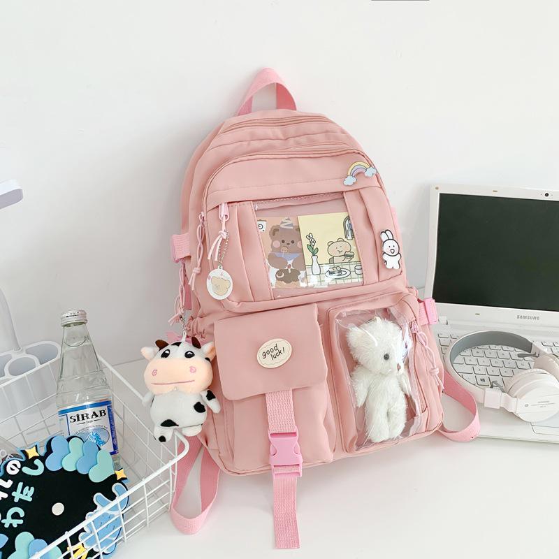 

Korean Harajuku Cartoon Pendant Backpack - Large Capacity for High School & Junior Students Bag only розовый
