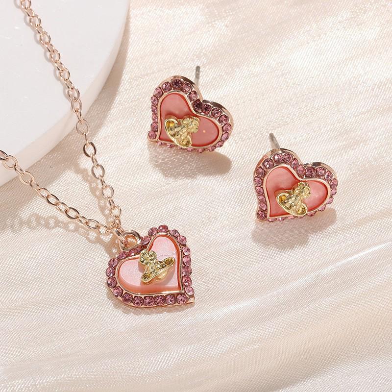 Empress Dowager NANA's Saturn Heart Mother-of-Pearl Necklace & Sweet Heart Stud Earrings Set