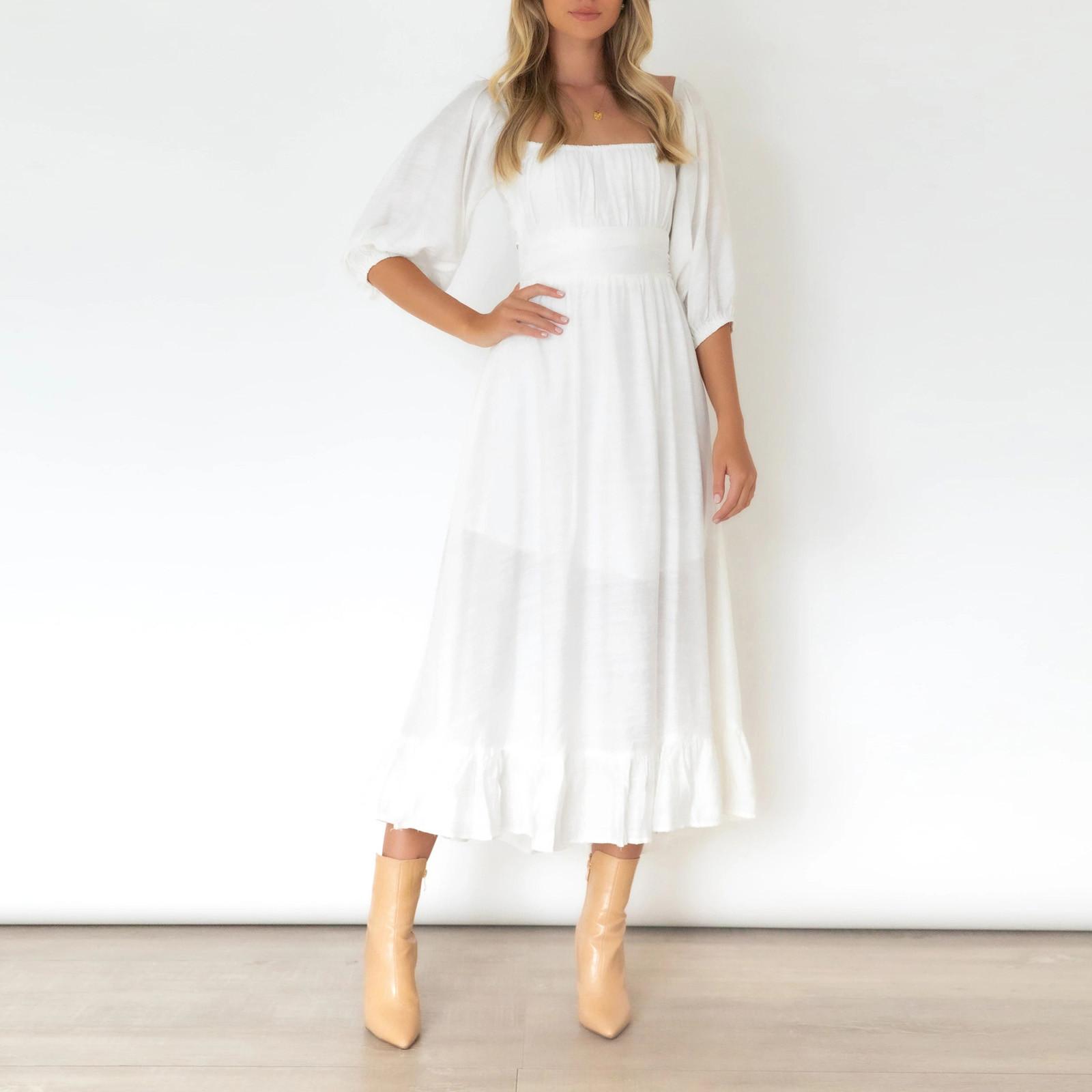 

Жіноча високоякісна сукня з художнім квадратним коміром і рукавом-метеликом L білий