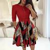 Women's Round Neck 3/4 Sleeve Geometric Print Midi Dress With Belt African Ethnic Office Swing Dress